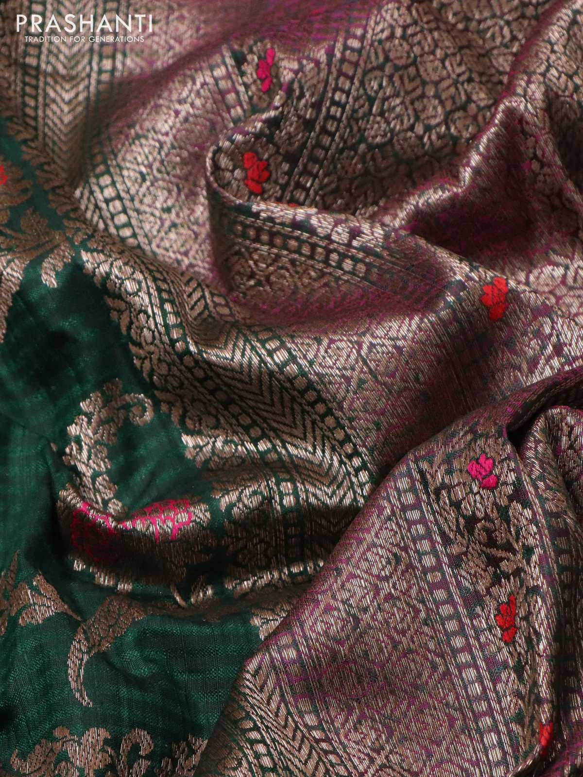 Banarasi dupion silk saree green and purple with allover thread & zari floral weaves and woven border - Image 3