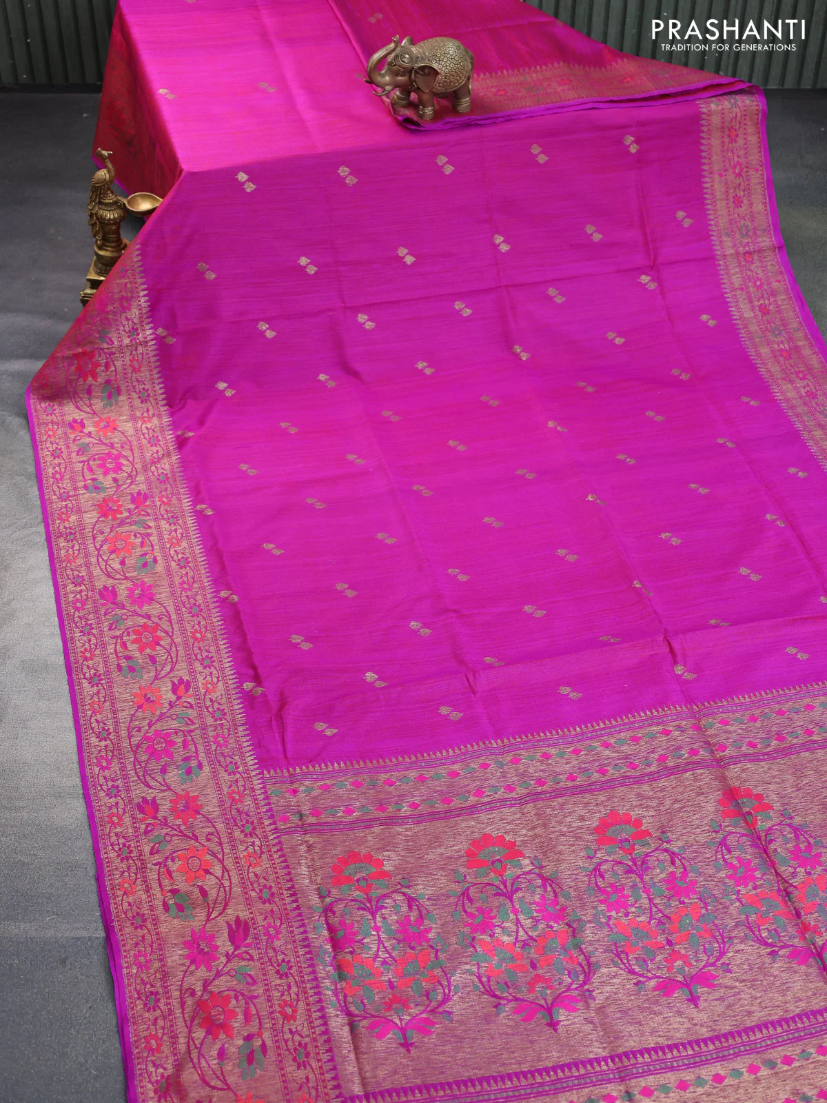 Banarasi dupion silk saree magenta pink with zari woven buttas and floral design paithani style border - Image 2