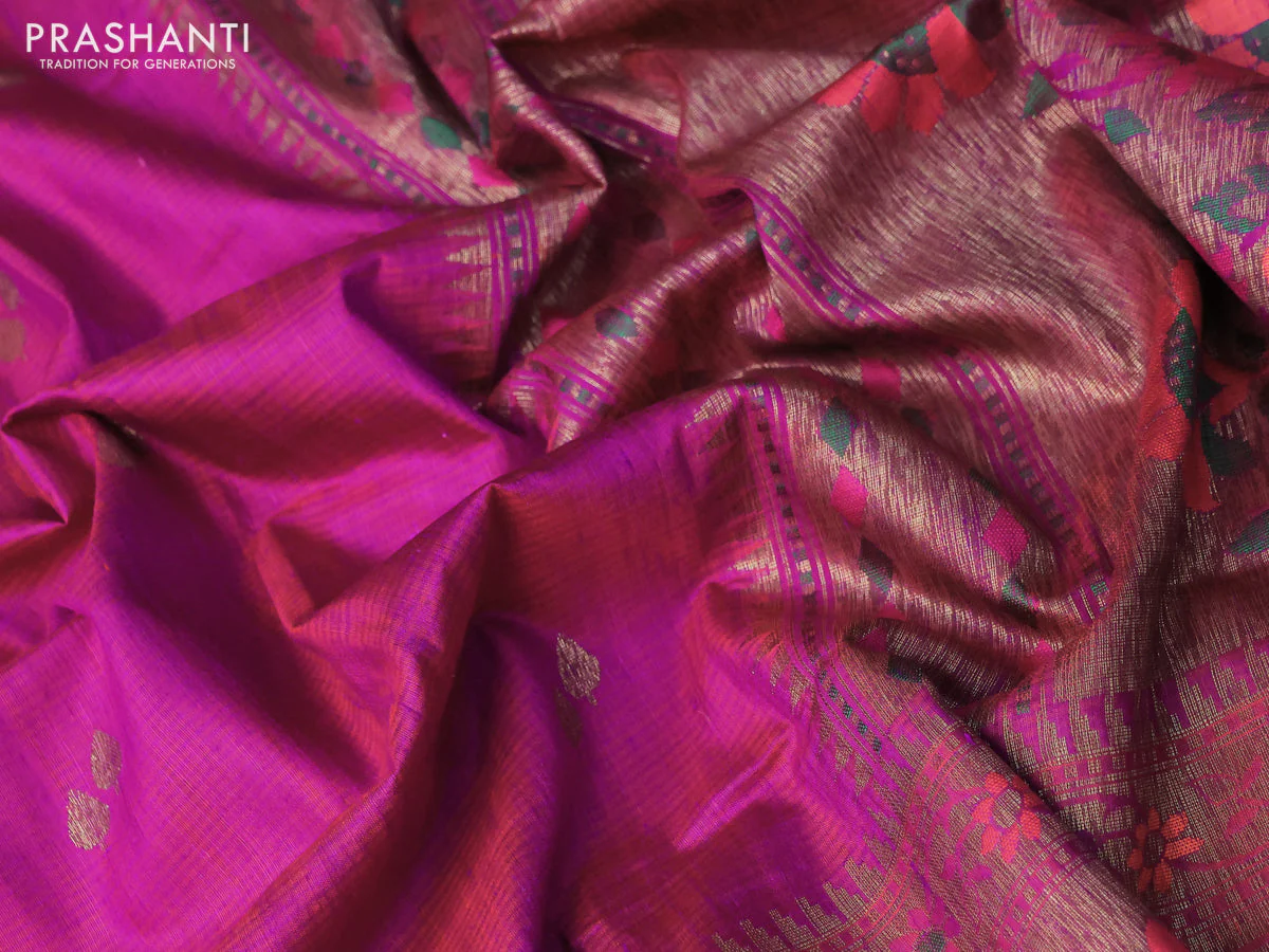 Banarasi dupion silk saree magenta pink with zari woven buttas and floral design paithani style border - Image 3