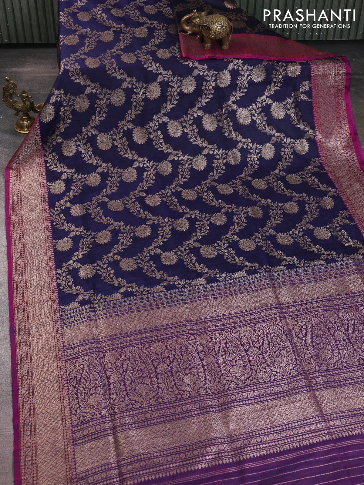 Banarasi dupion silk saree navy blue and purple with allover thread & zari floral weaves and woven border - Image 2