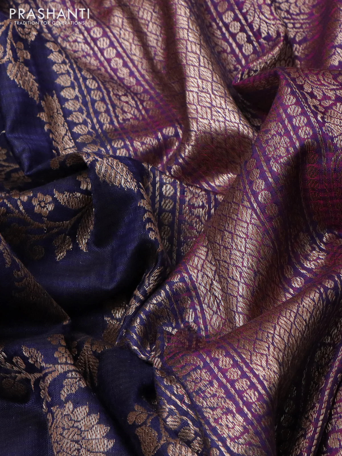 Banarasi dupion silk saree navy blue and purple with allover thread & zari floral weaves and woven border - Image 3