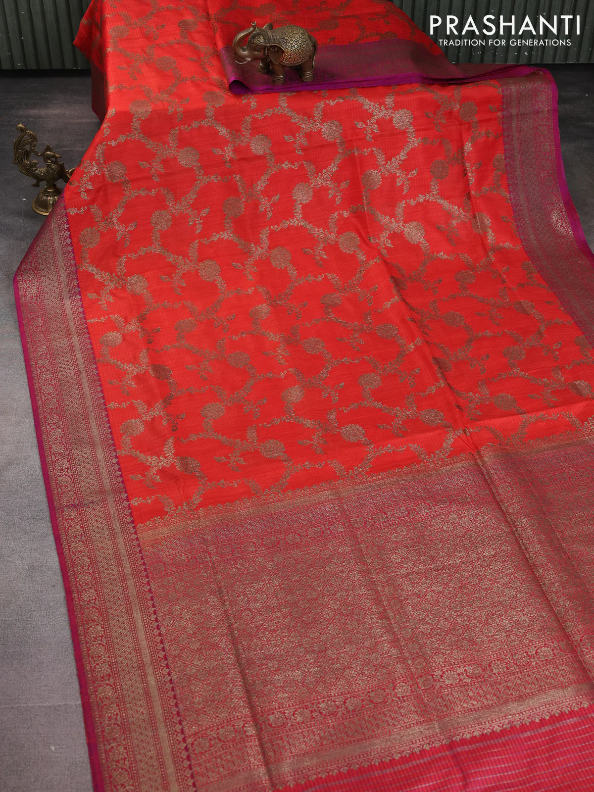 Banarasi dupion silk saree orange and dual shade of purple with allover thread & zari weaves and woven border - Image 2