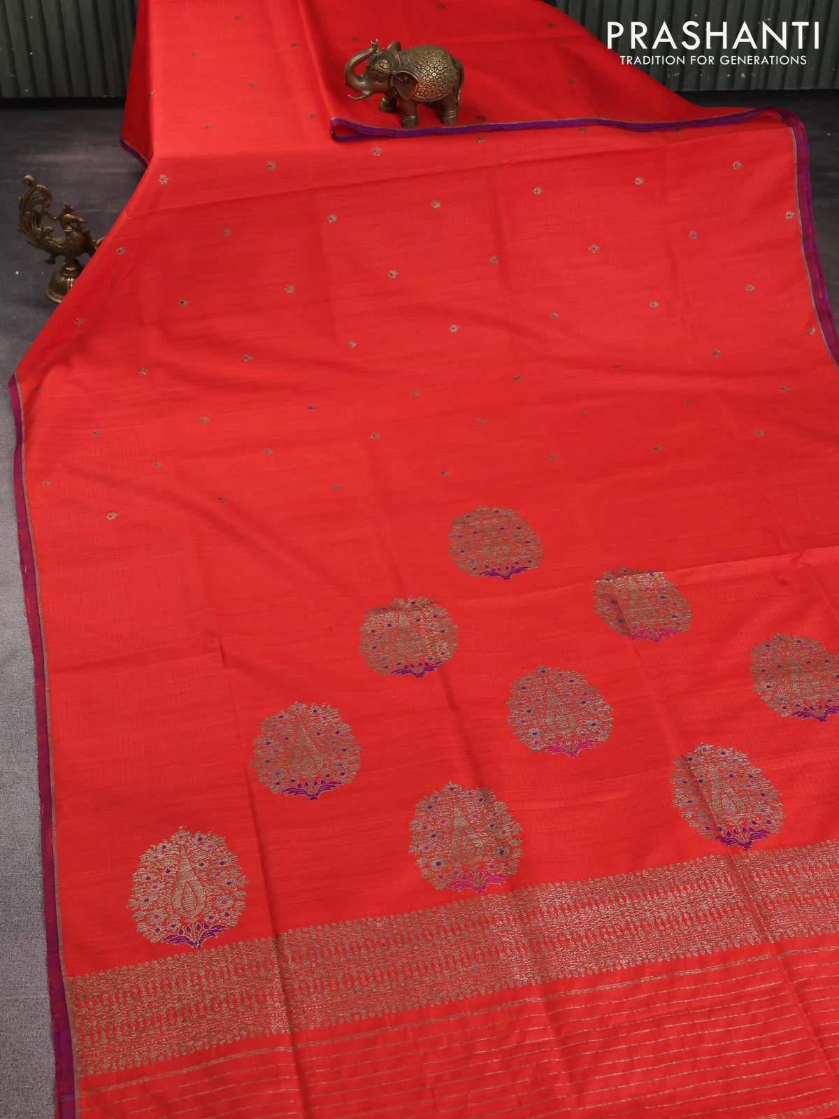 Banarasi dupion silk saree orange and purple with woven buttas and piping border - Image 2