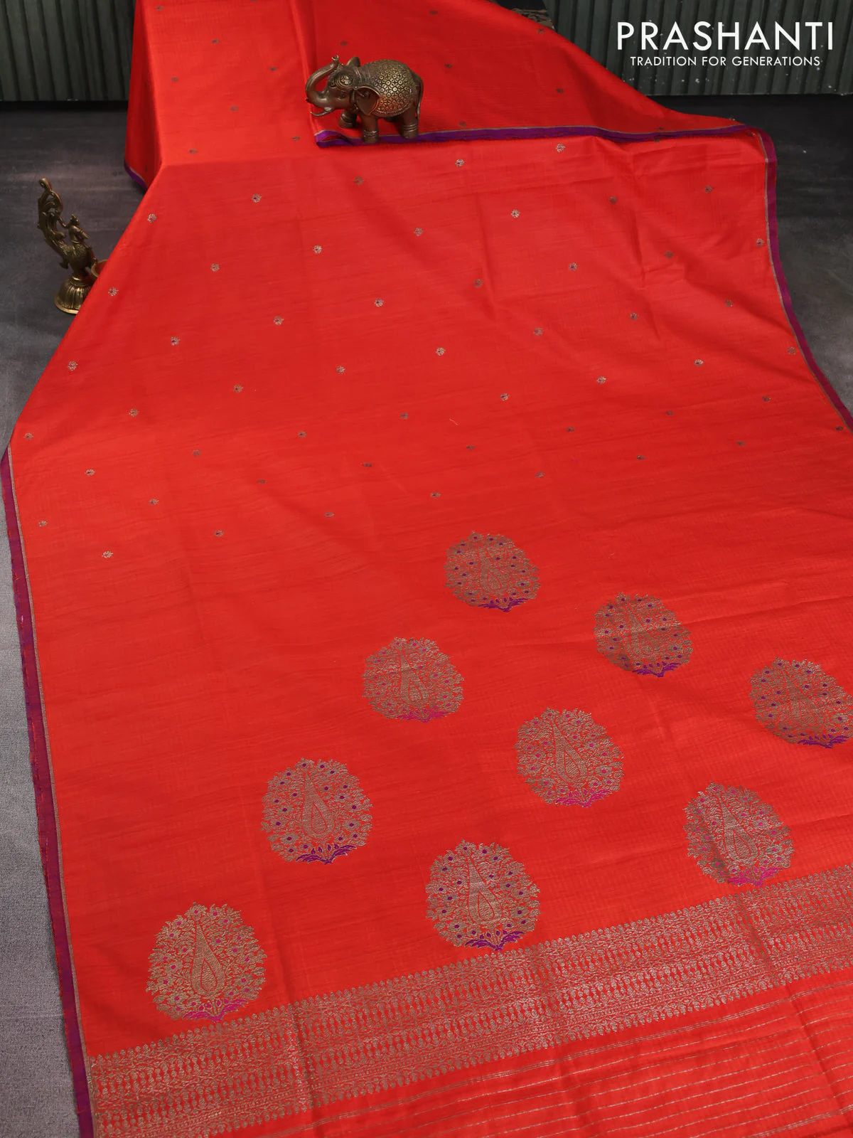 Banarasi dupion silk saree orange and purple with woven buttas and piping border - Image 2