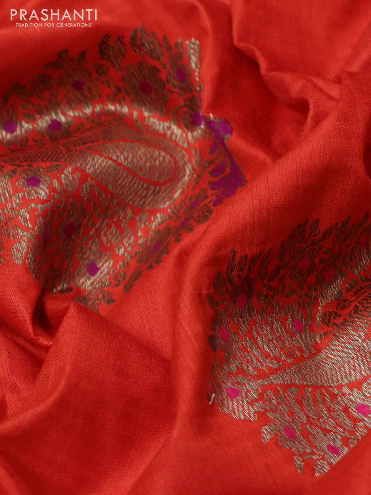 Banarasi dupion silk saree orange and purple with woven buttas and piping border - Image 3