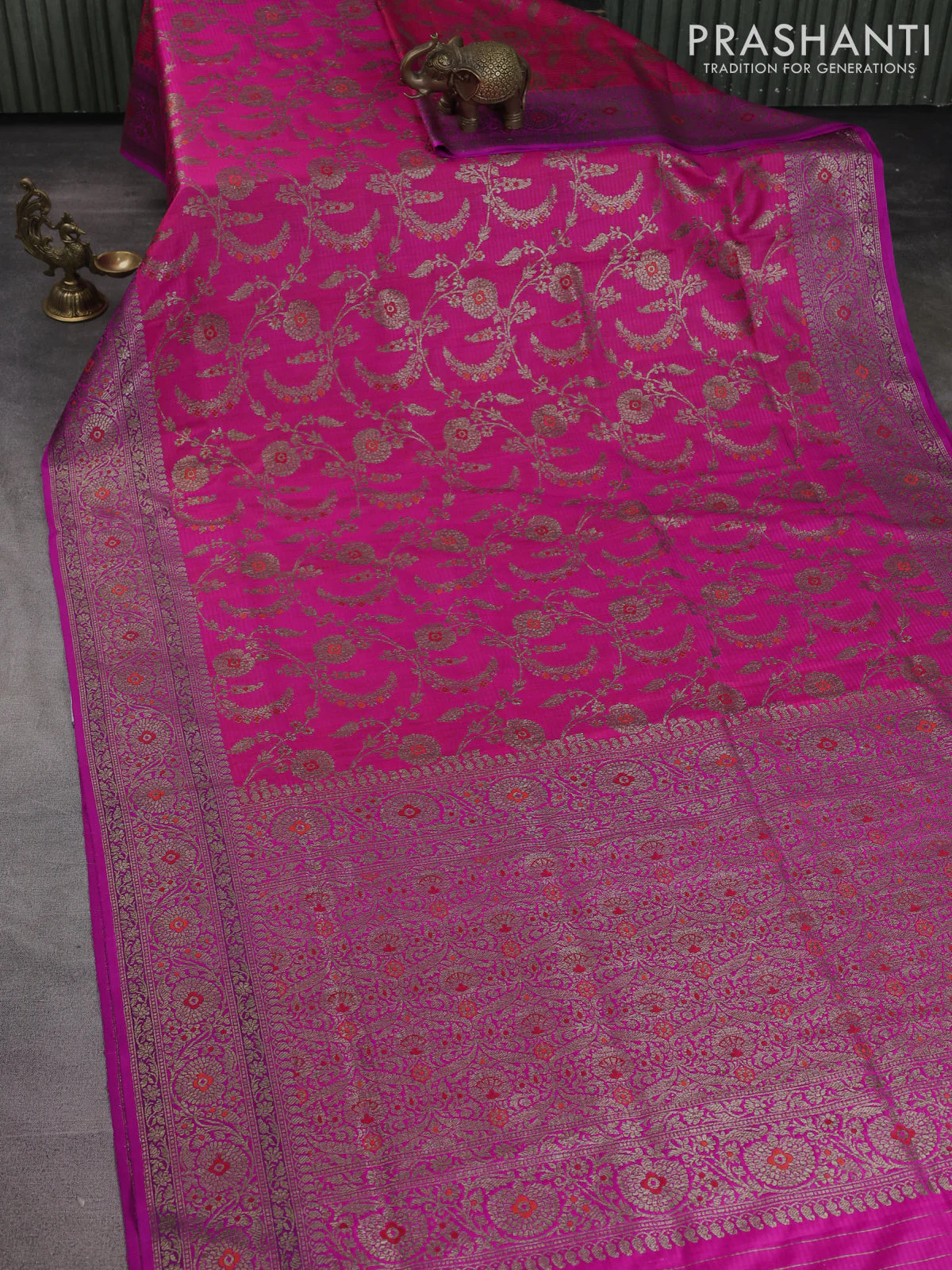 Banarasi dupion silk saree pink and purple with allover thread & zari floral weaves and woven border - Image 2