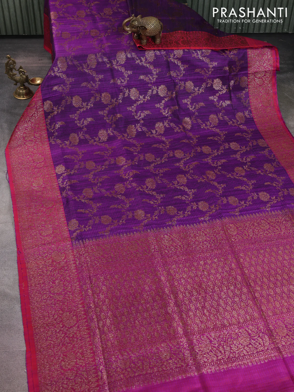 Banarasi dupion silk saree purple and dual shade of pinkish orange with allover thread & zari weaves and woven border - Image 2