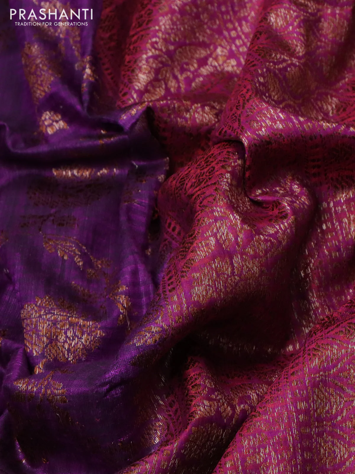 Banarasi dupion silk saree purple and dual shade of pinkish orange with allover thread & zari weaves and woven border - Image 3