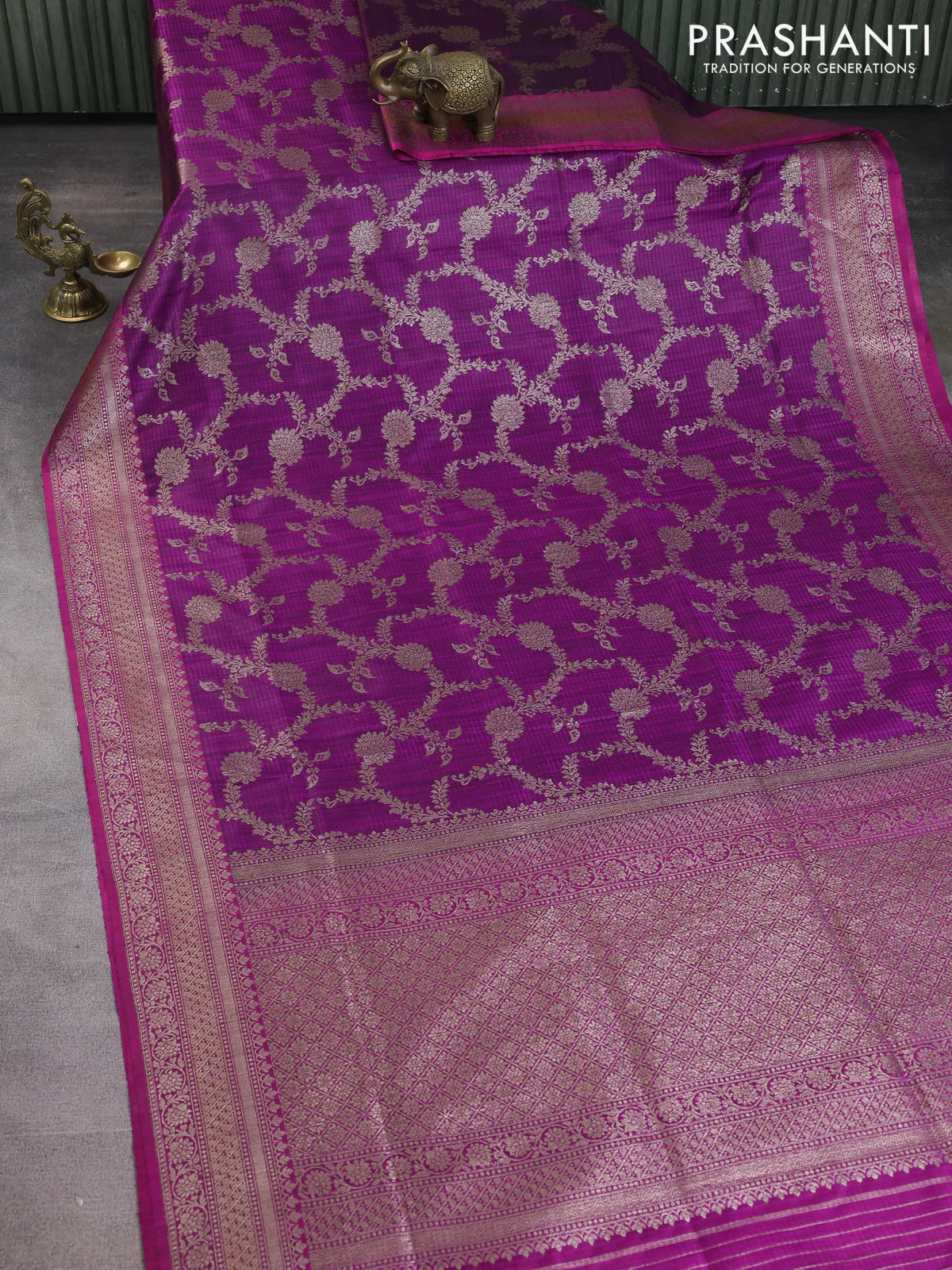 Banarasi dupion silk saree purple and pink with allover thread & zari weaves and woven border - Image 2