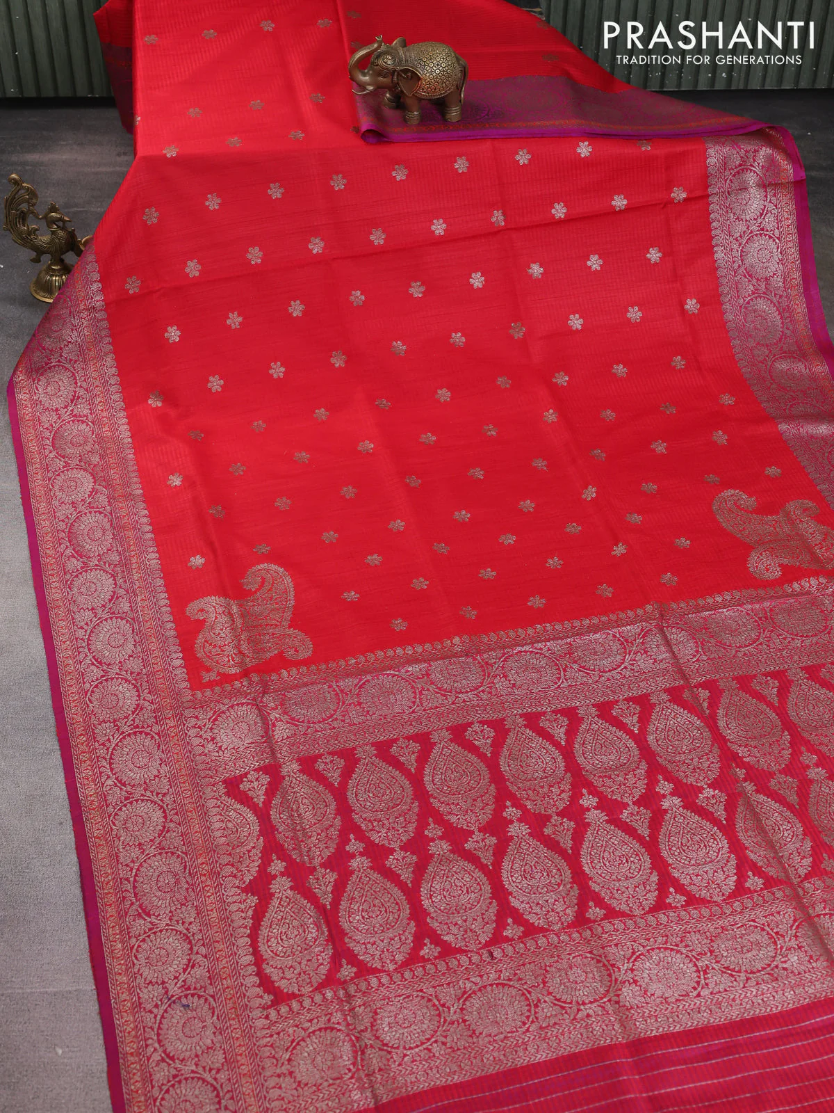 Banarasi dupion silk saree red and dual shade of purple with thread & zari woven floral buttas and woven border - Image 2