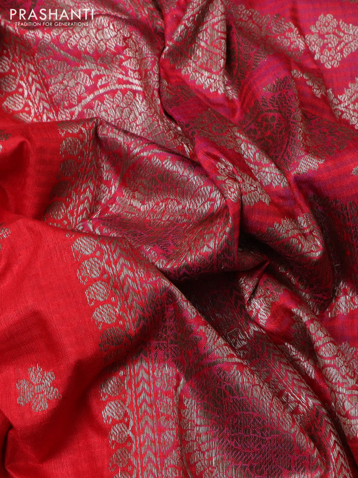 Banarasi dupion silk saree red and dual shade of purple with thread & zari woven floral buttas and woven border - Image 3