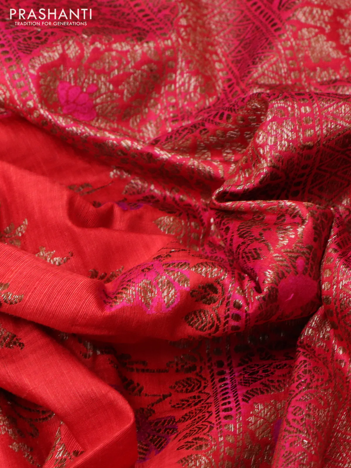 Banarasi dupion silk saree red and pink with allover thread & zari floral weaves and woven border - Image 3