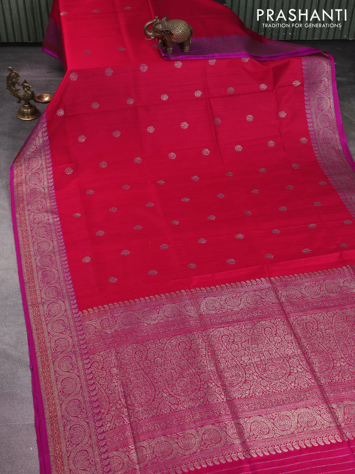Banarasi dupion silk saree red and purple with thread & zari woven buttas and woven border - Image 2