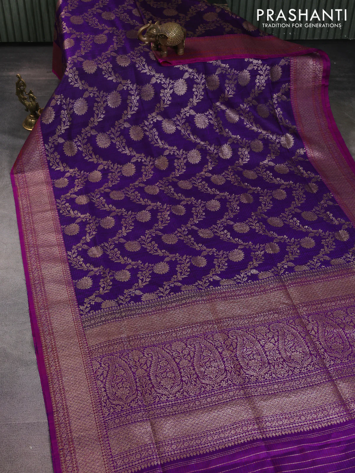 Banarasi dupion silk saree violet and purple with allover thread & zari floral weaves and woven border - Image 2