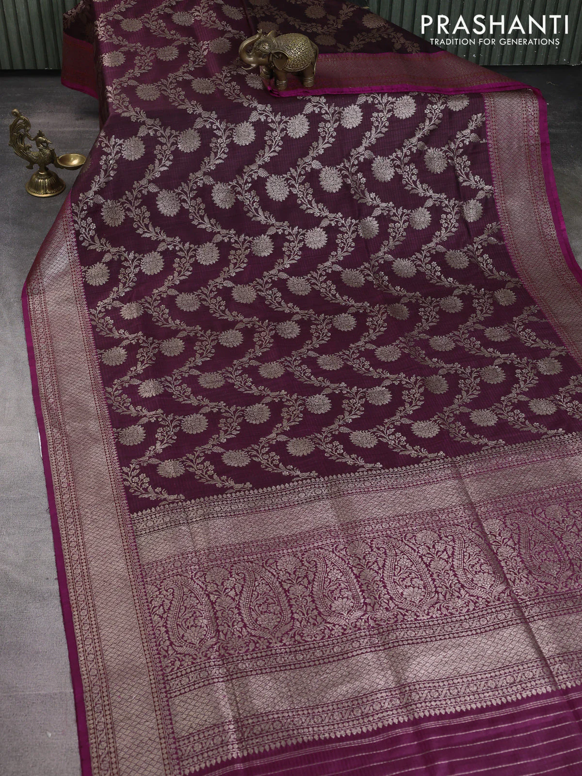 Banarasi dupion silk saree wine shade and magenta pink with allover thread & zari floral weaves and woven border - Image 2