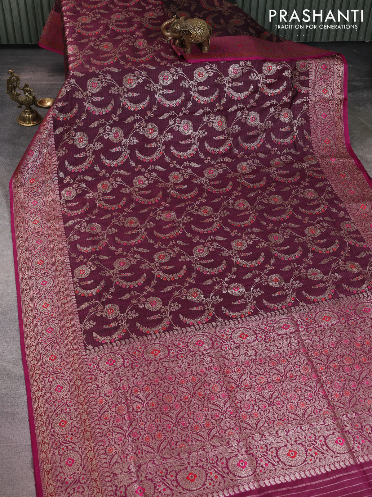 Banarasi dupion silk saree wine shade and magenta pink with allover thread & zari floral weaves and woven border - Image 2