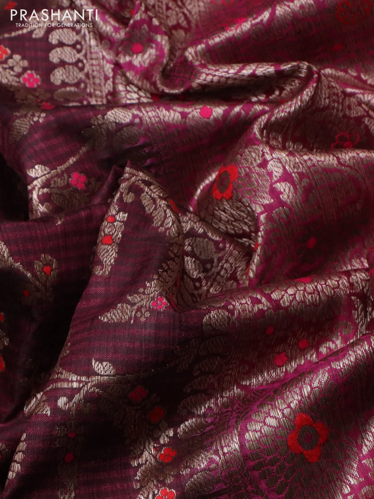 Banarasi dupion silk saree wine shade and magenta pink with allover thread & zari floral weaves and woven border - Image 3
