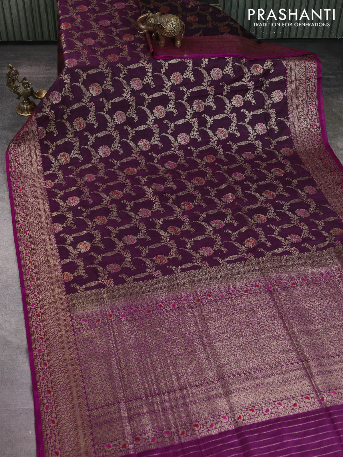 Banarasi dupion silk saree wine shade and magenta pink with allover thread & zari floral weaves and woven border - Image 2