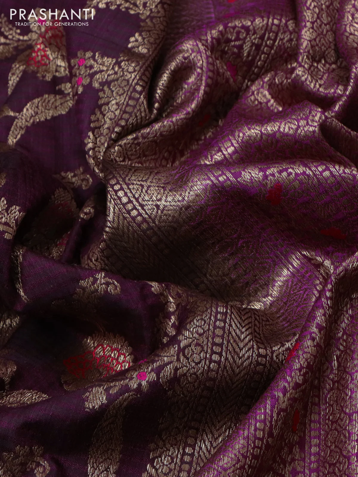 Banarasi dupion silk saree wine shade and magenta pink with allover thread & zari floral weaves and woven border - Image 3
