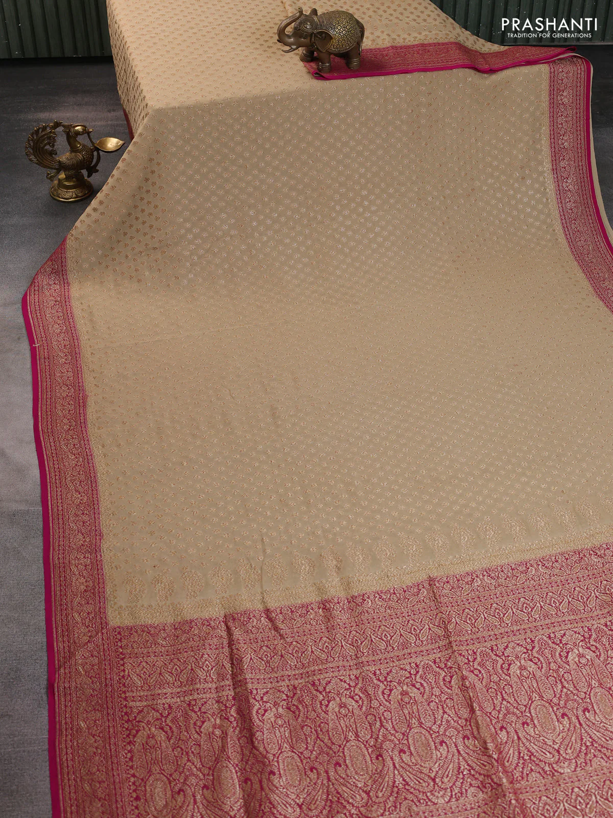 Banarasi georgette saree beige and pink with allover thread & zari woven buttas and woven border - Image 2