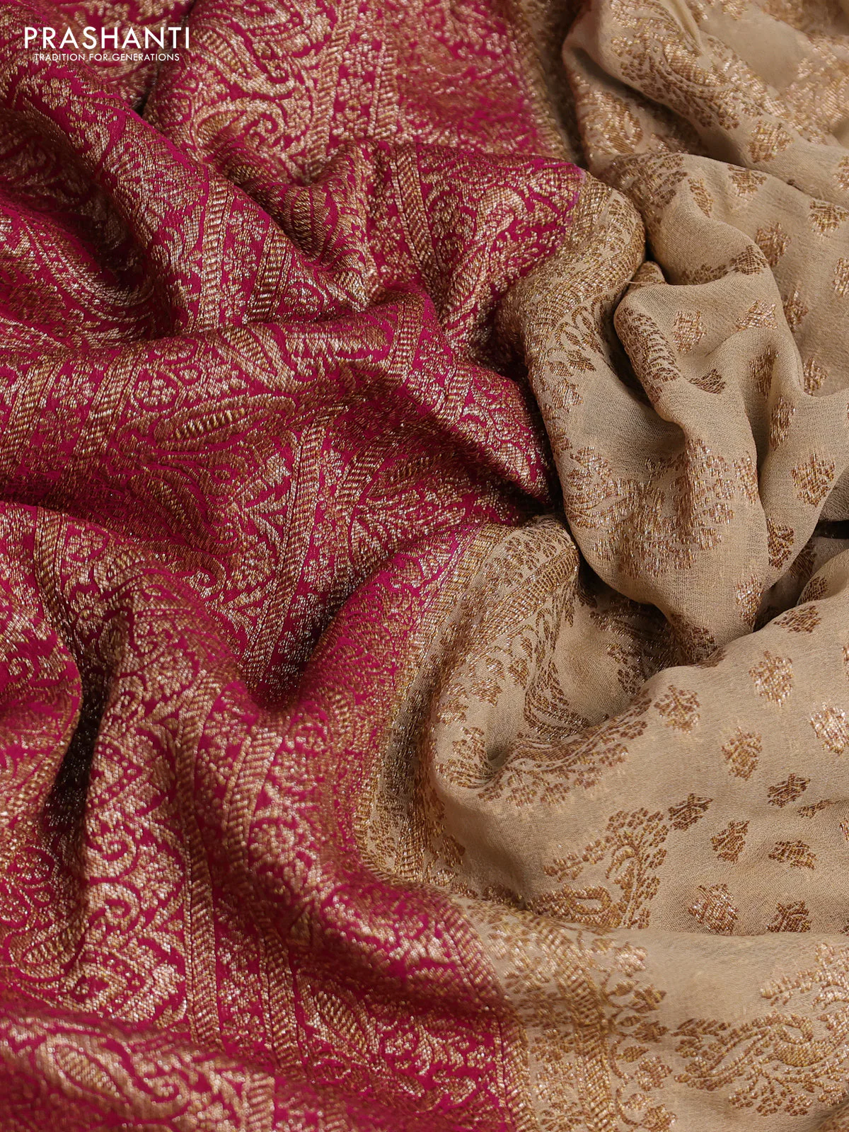 Banarasi georgette saree beige and pink with allover thread & zari woven buttas and woven border - Image 3