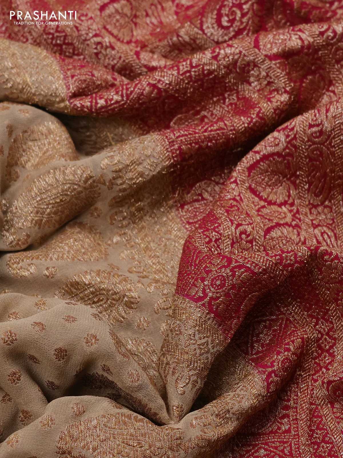Banarasi georgette saree beige and pink with allover thread & zari woven buttas and woven border - Image 3