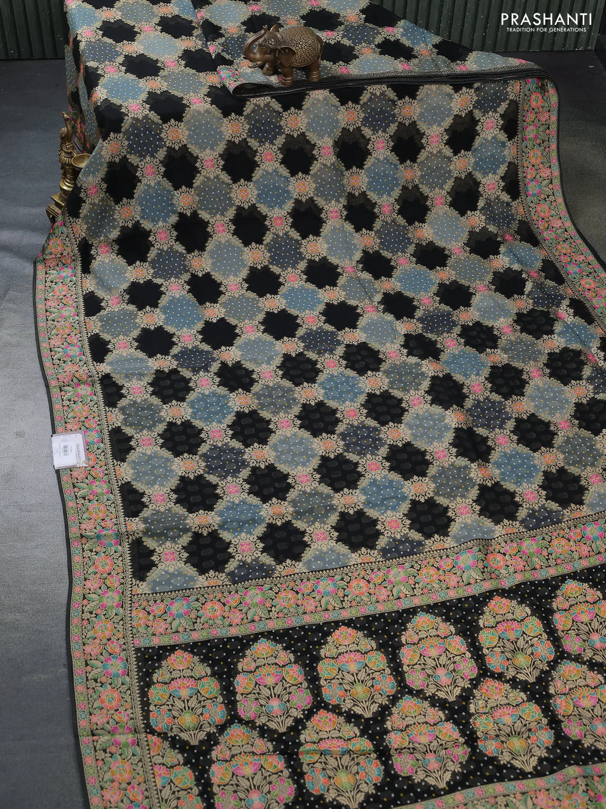 Banarasi georgette saree black and grey with bandhani prints & mina weaves - Image 2