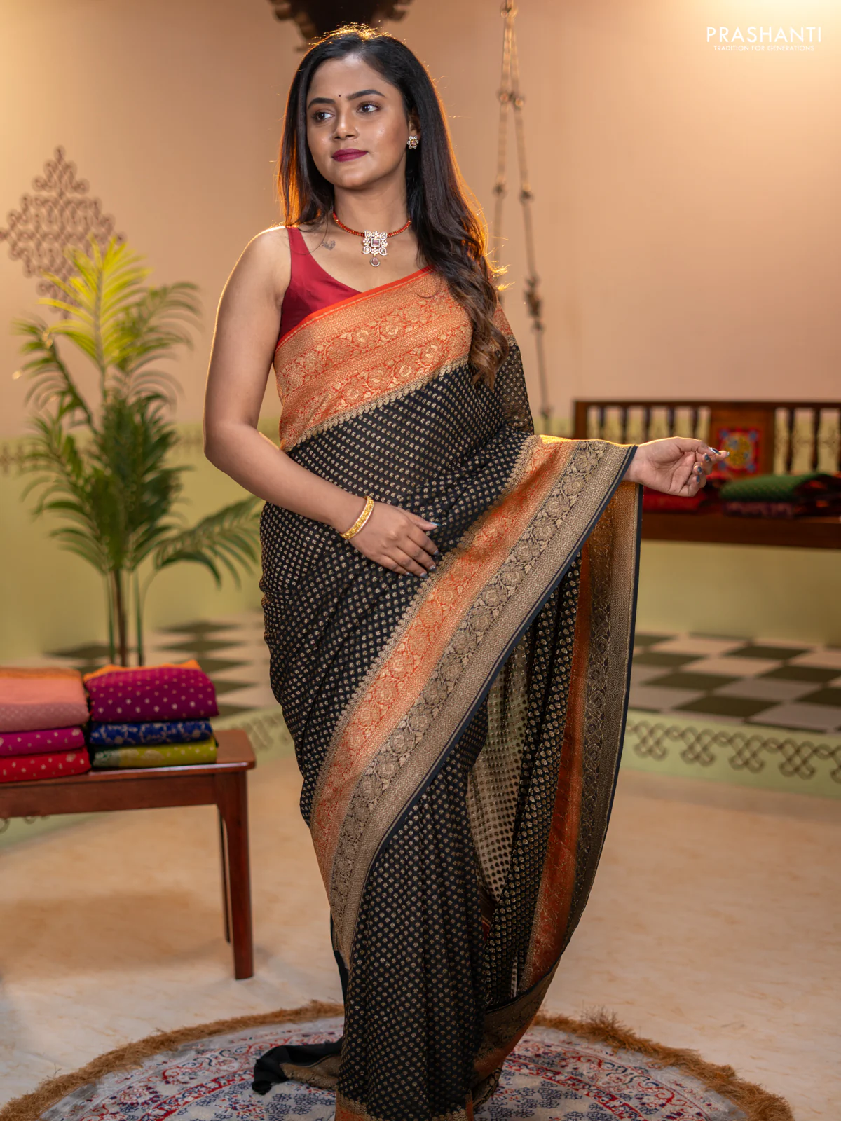 Banarasi georgette saree black and orange with allover thread & zari woven buttas and long woven border - Image 2