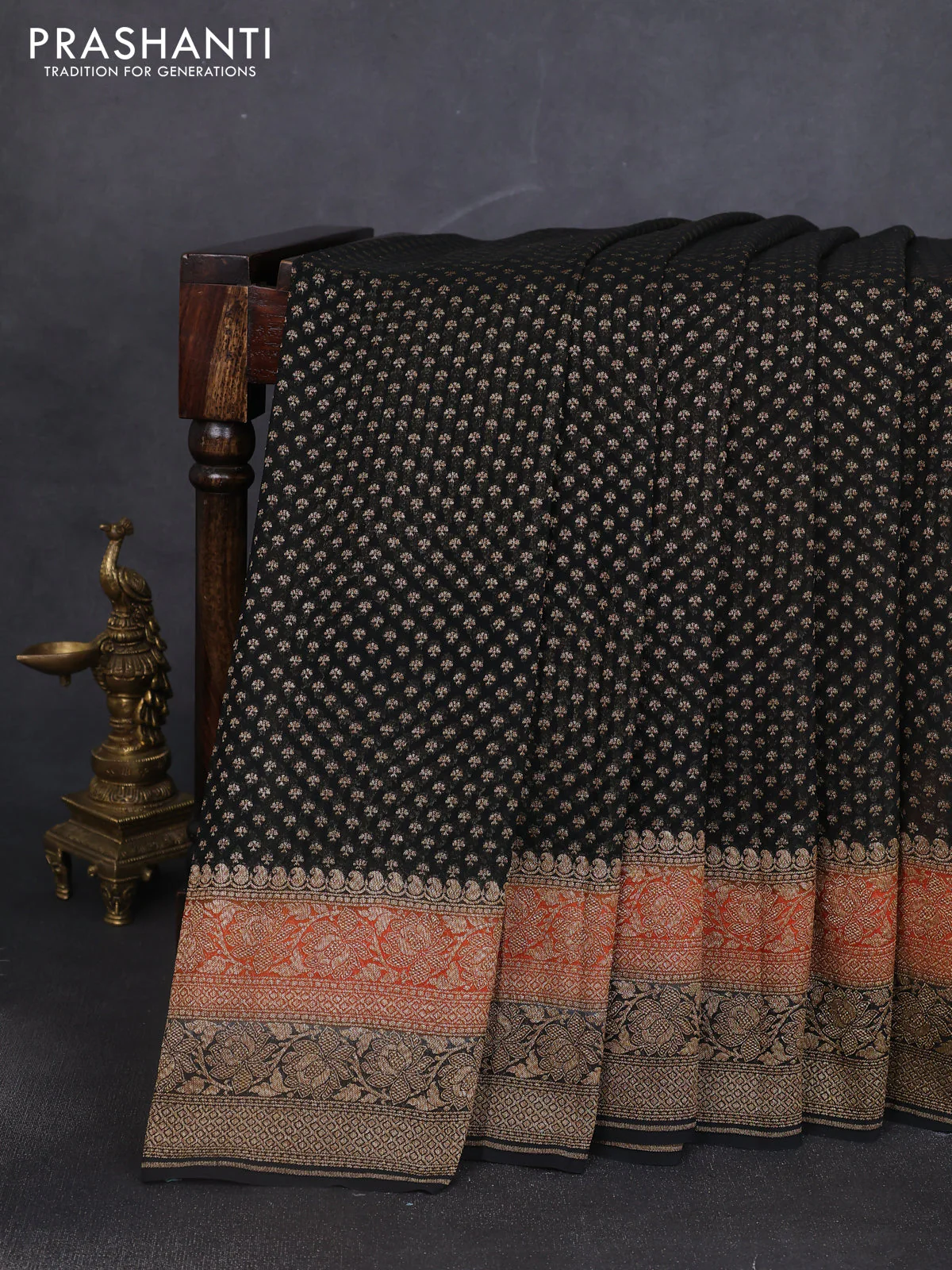 Banarasi georgette saree black and orange with allover thread & zari woven buttas and long woven border - Image 4