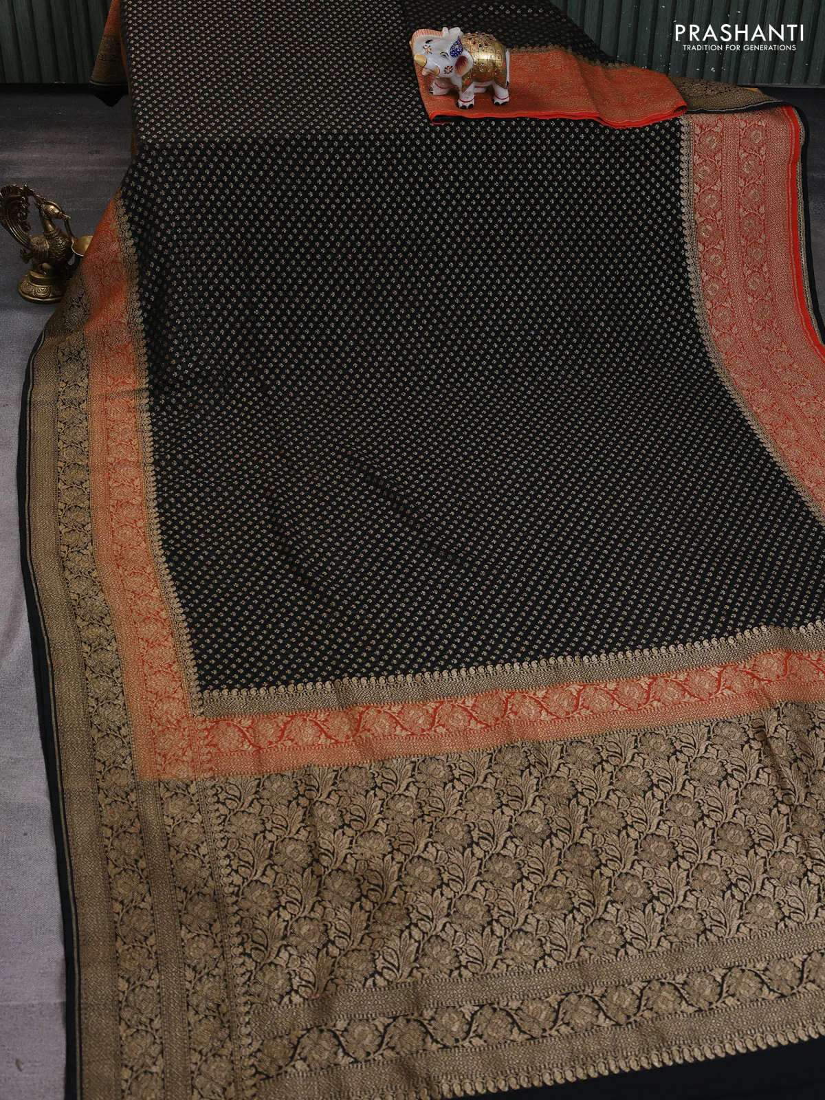 Banarasi georgette saree black and orange with allover thread & zari woven buttas and long woven border - Image 5