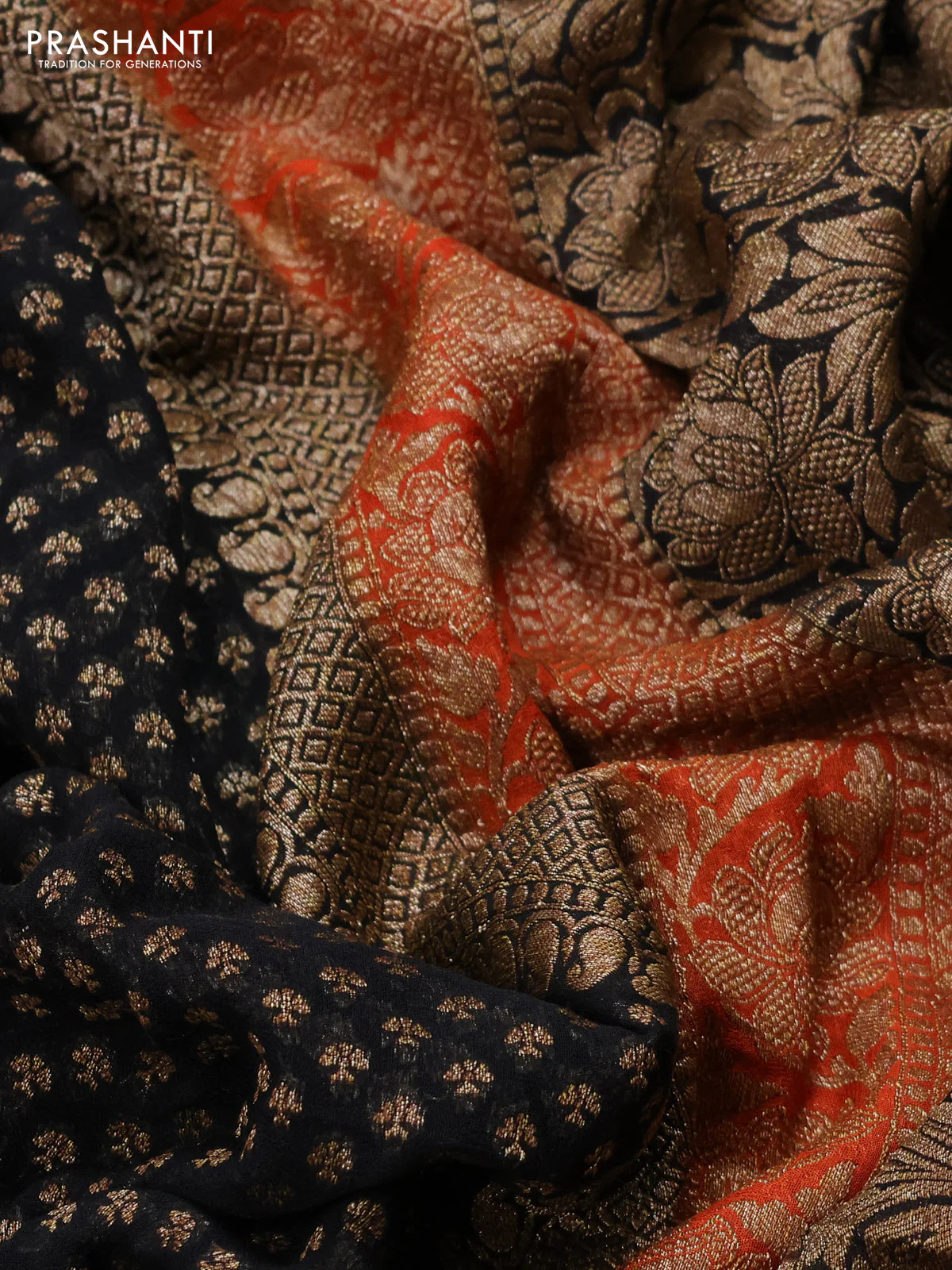 Banarasi georgette saree black and orange with allover thread & zari woven buttas and long woven border - Image 6