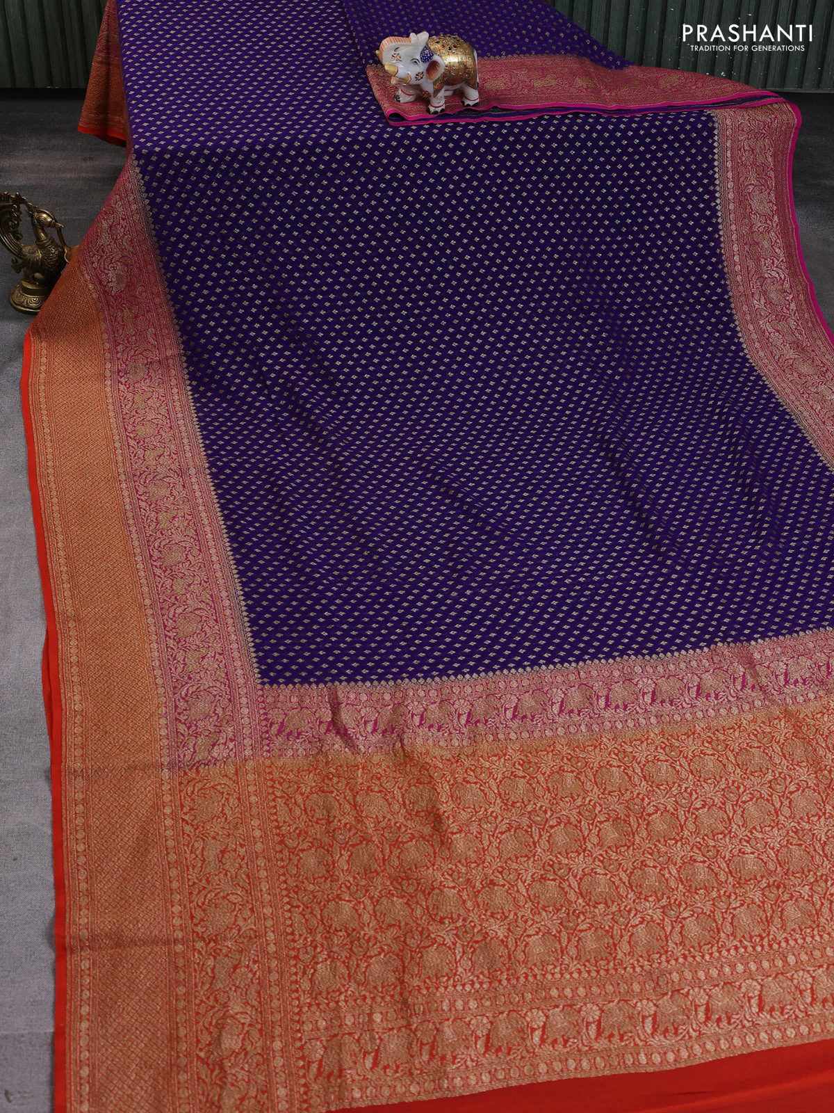 Banarasi georgette saree blue and pink orange with allover thread & zari woven leheriya pattern and long woven border - Image 2