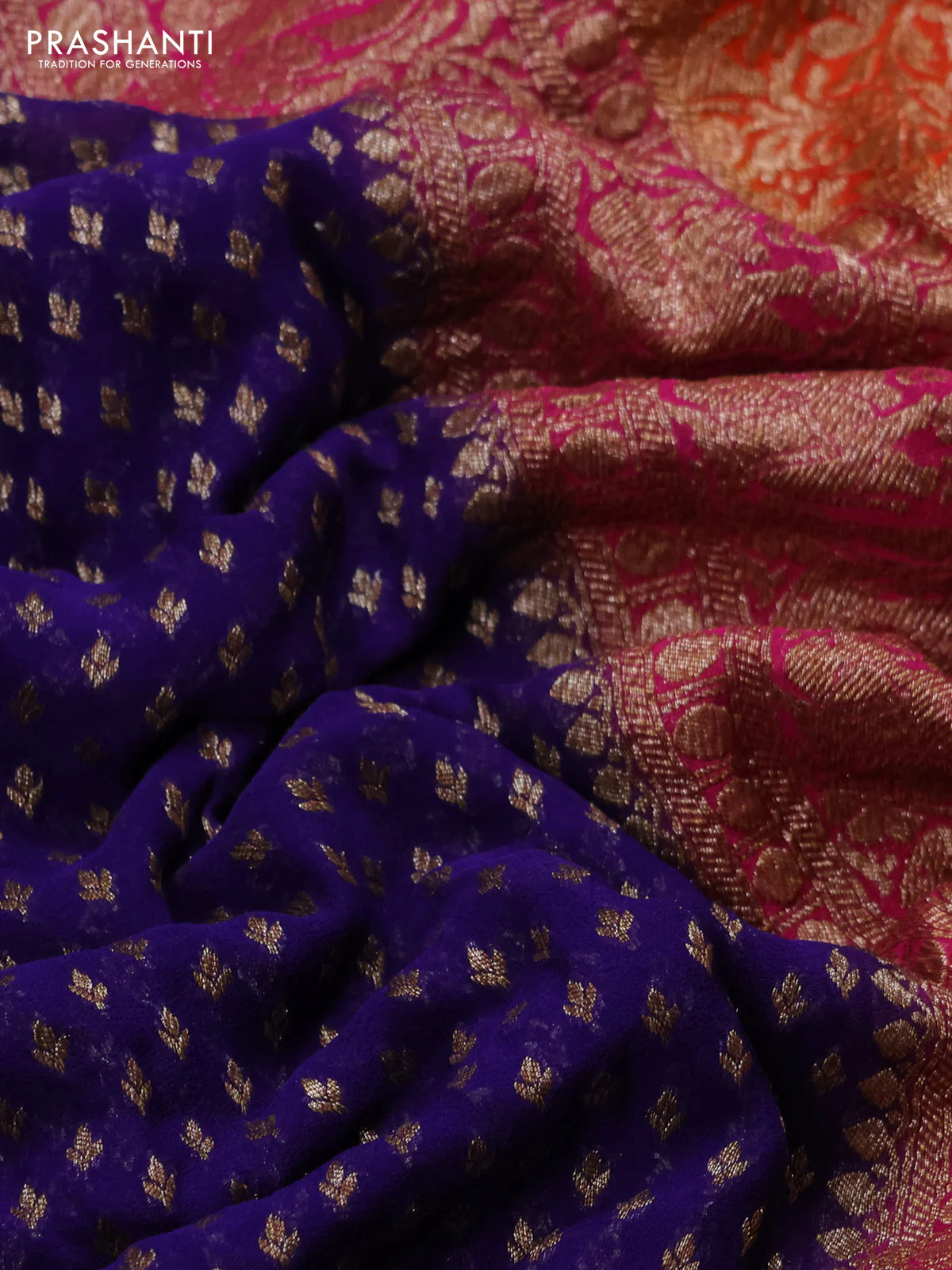 Banarasi georgette saree blue and pink orange with allover thread & zari woven leheriya pattern and long woven border - Image 3