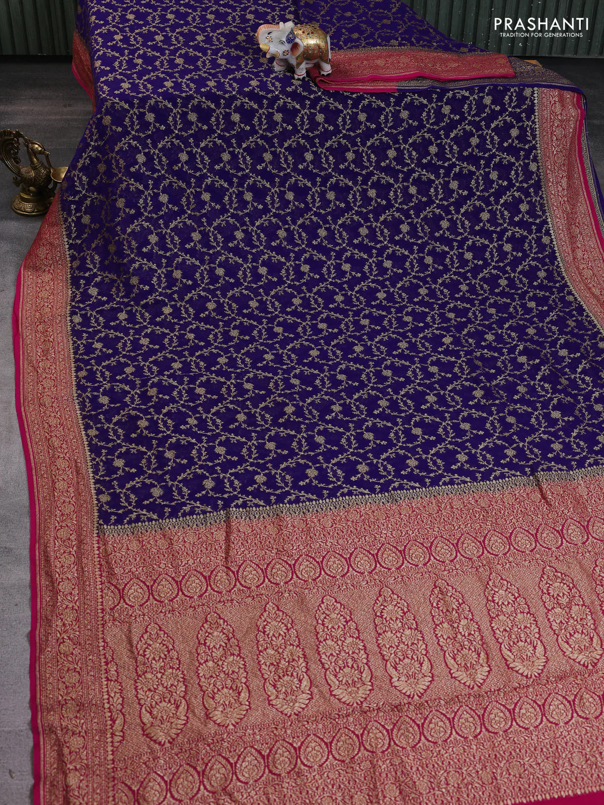 Banarasi georgette saree blue and pink with allover thread & zari weaves and woven border - Image 2
