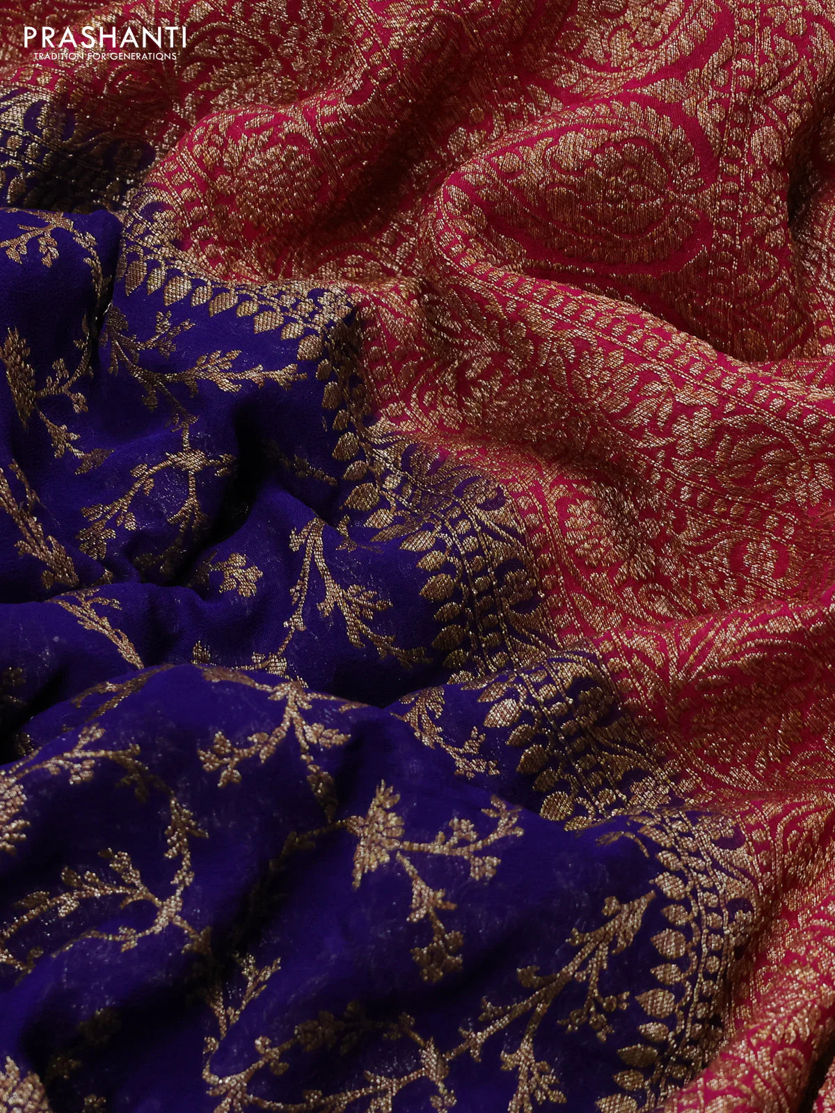 Banarasi georgette saree blue and pink with allover thread & zari weaves and woven border - Image 3