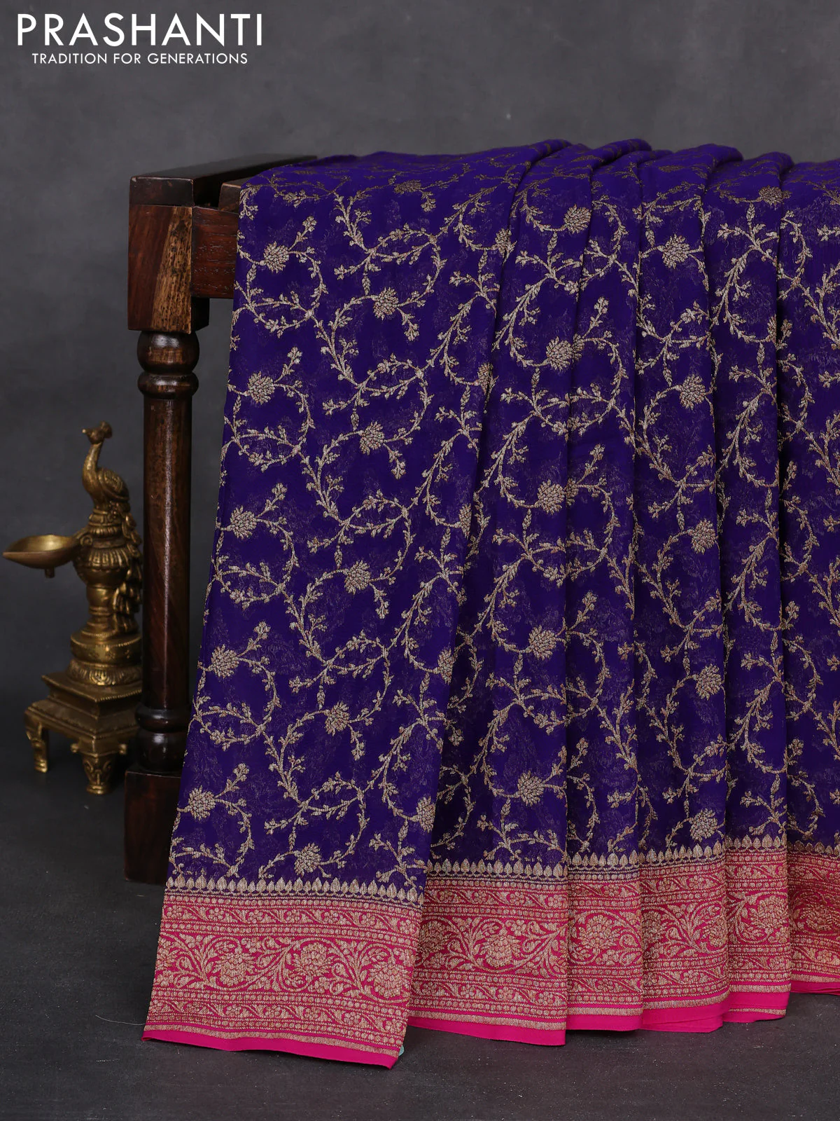 Banarasi georgette saree blue and pink with allover thread & zari weaves and woven border