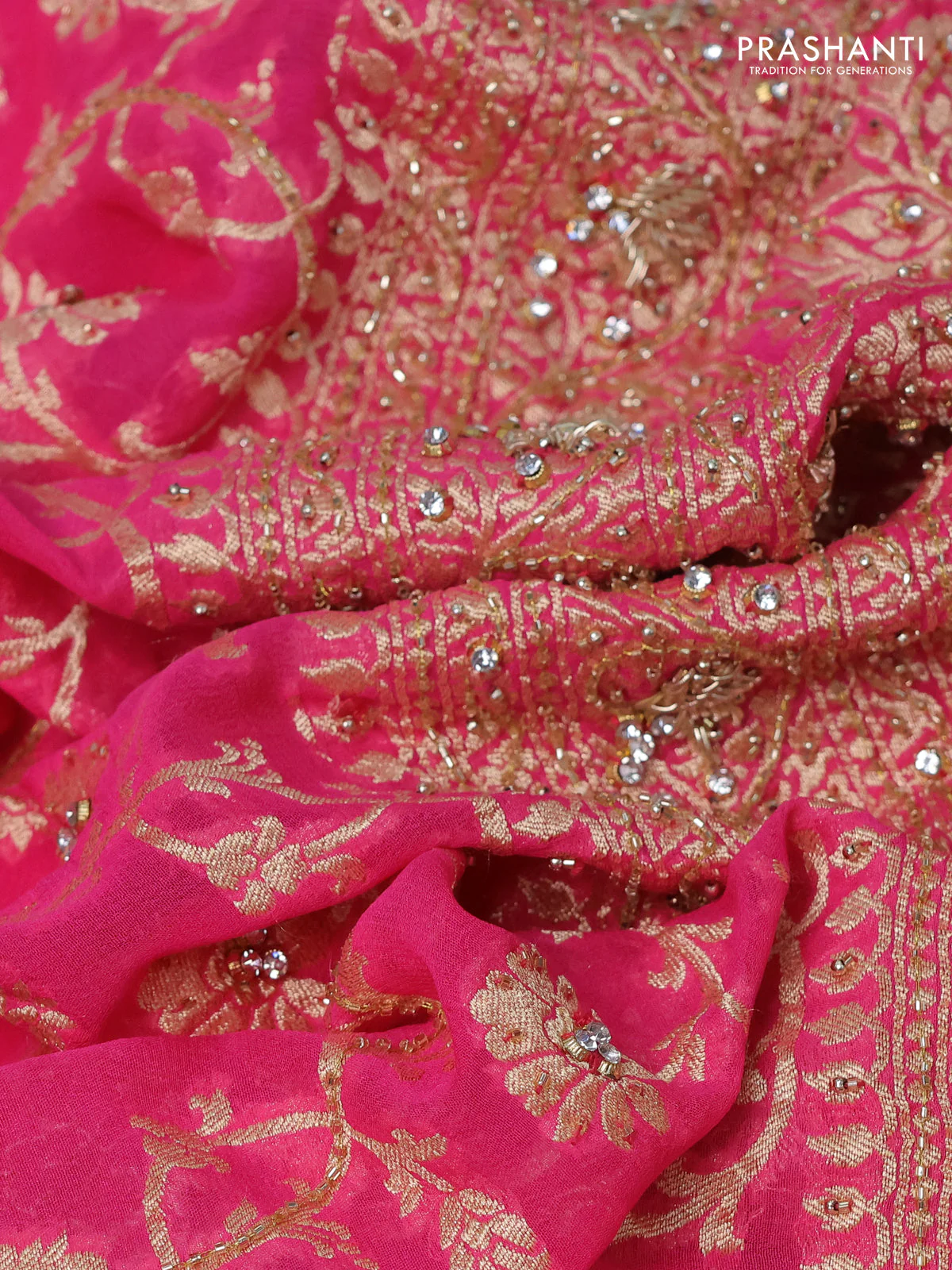 Banarasi georgette saree candy pink with allover jaal weaves & stone work and zardosi work border - Image 3