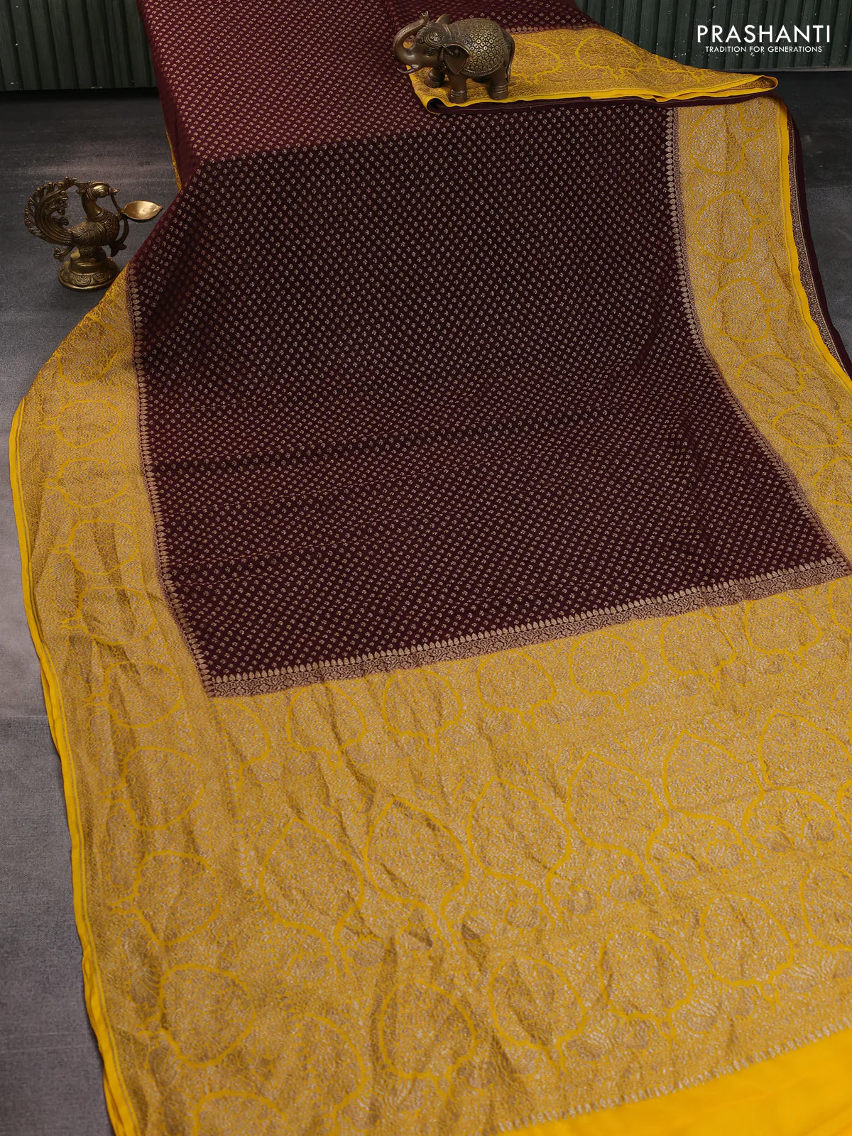 Banarasi georgette saree coffee brown and yellow with allover thread & zari woven buttas and woven border - Image 2