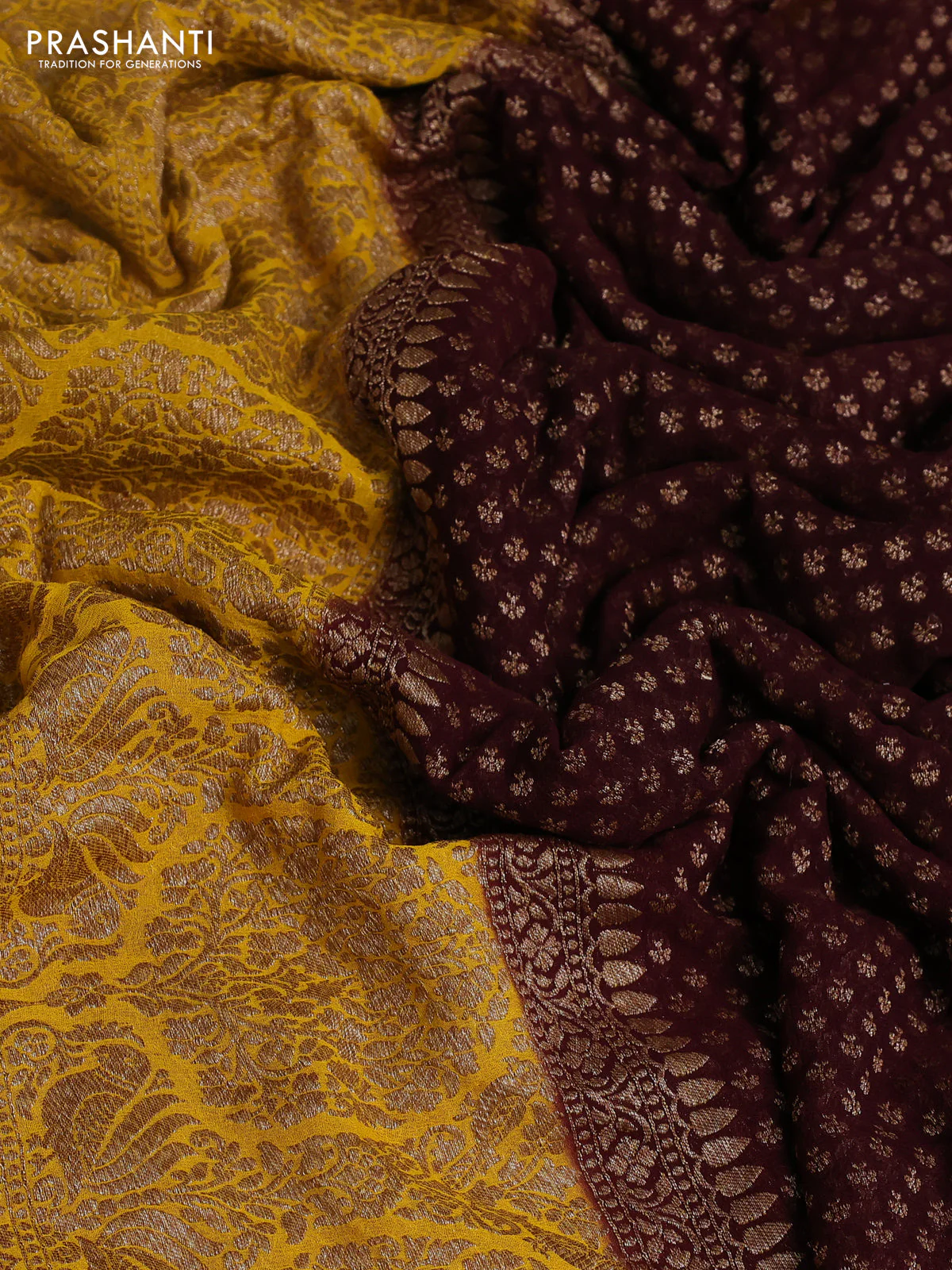 Banarasi georgette saree coffee brown and yellow with allover thread & zari woven buttas and woven border - Image 3
