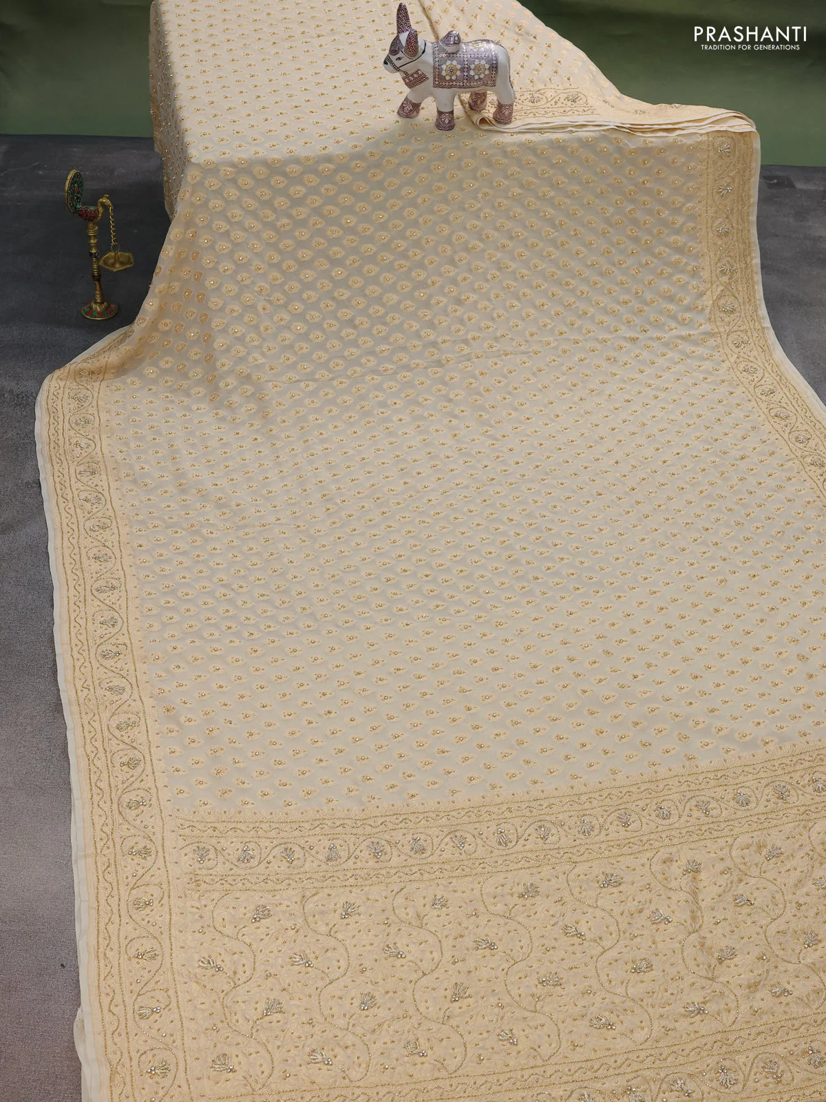 Banarasi georgette saree cream with woven buttas & stone work and zardosi work border - Image 2