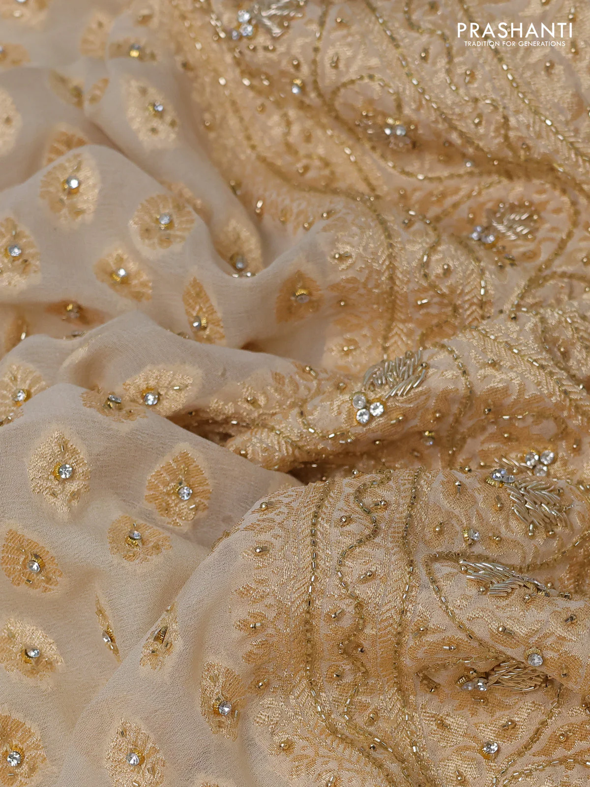 Banarasi georgette saree cream with woven buttas & stone work and zardosi work border - Image 3