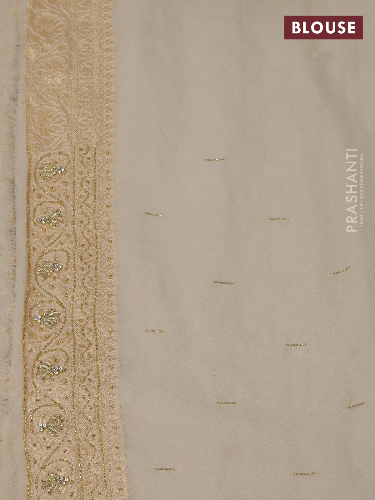 Banarasi georgette saree cream with woven buttas & stone work and zardosi work border - Image 4