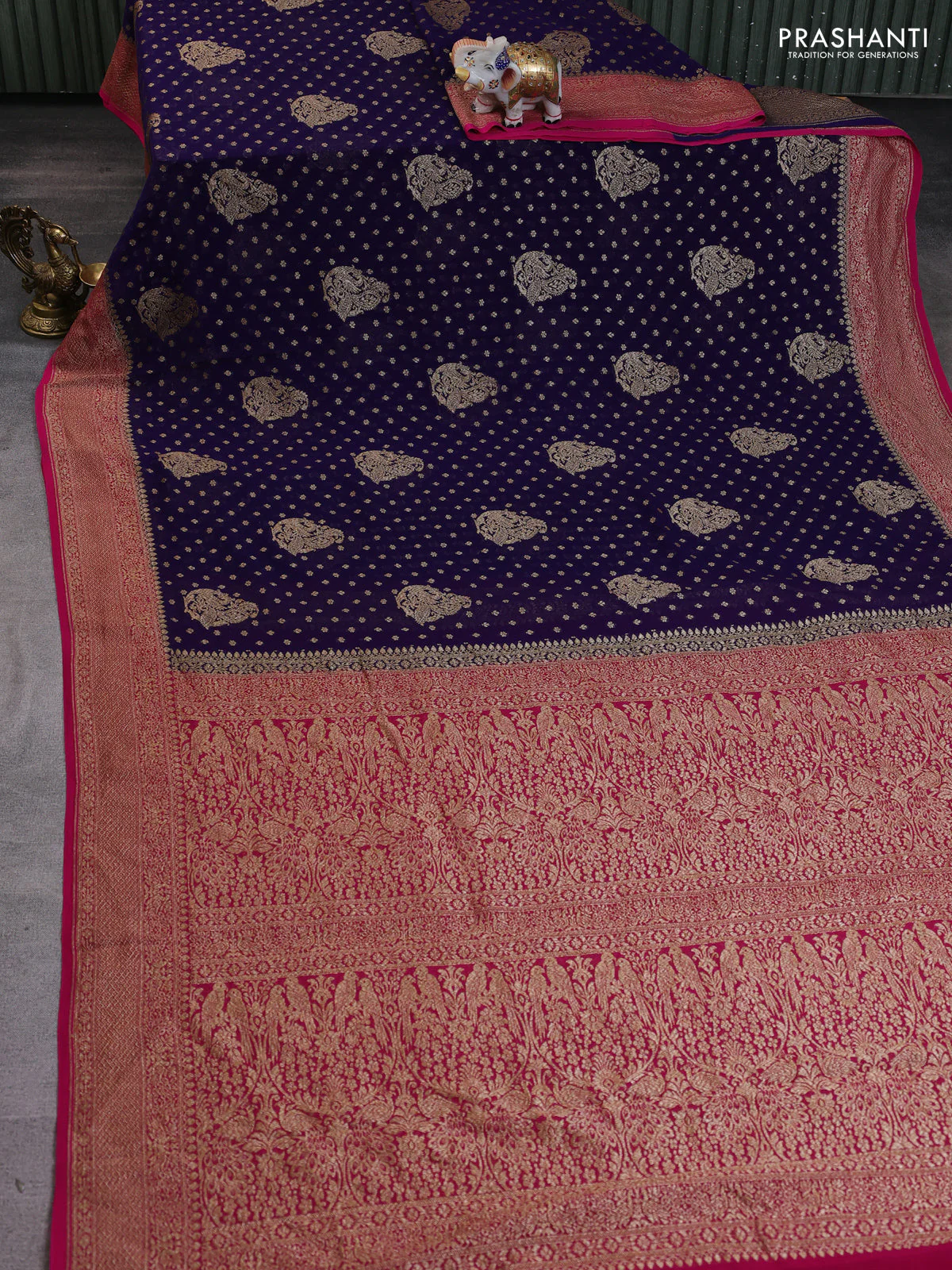 Banarasi georgette saree dark blue and pink with allover thread & zari woven buttas and woven border - Image 2