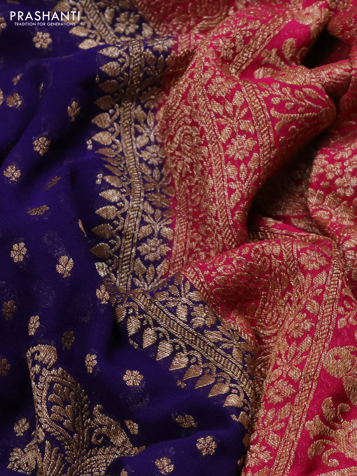 Banarasi georgette saree dark blue and pink with allover thread & zari woven buttas and woven border - Image 3