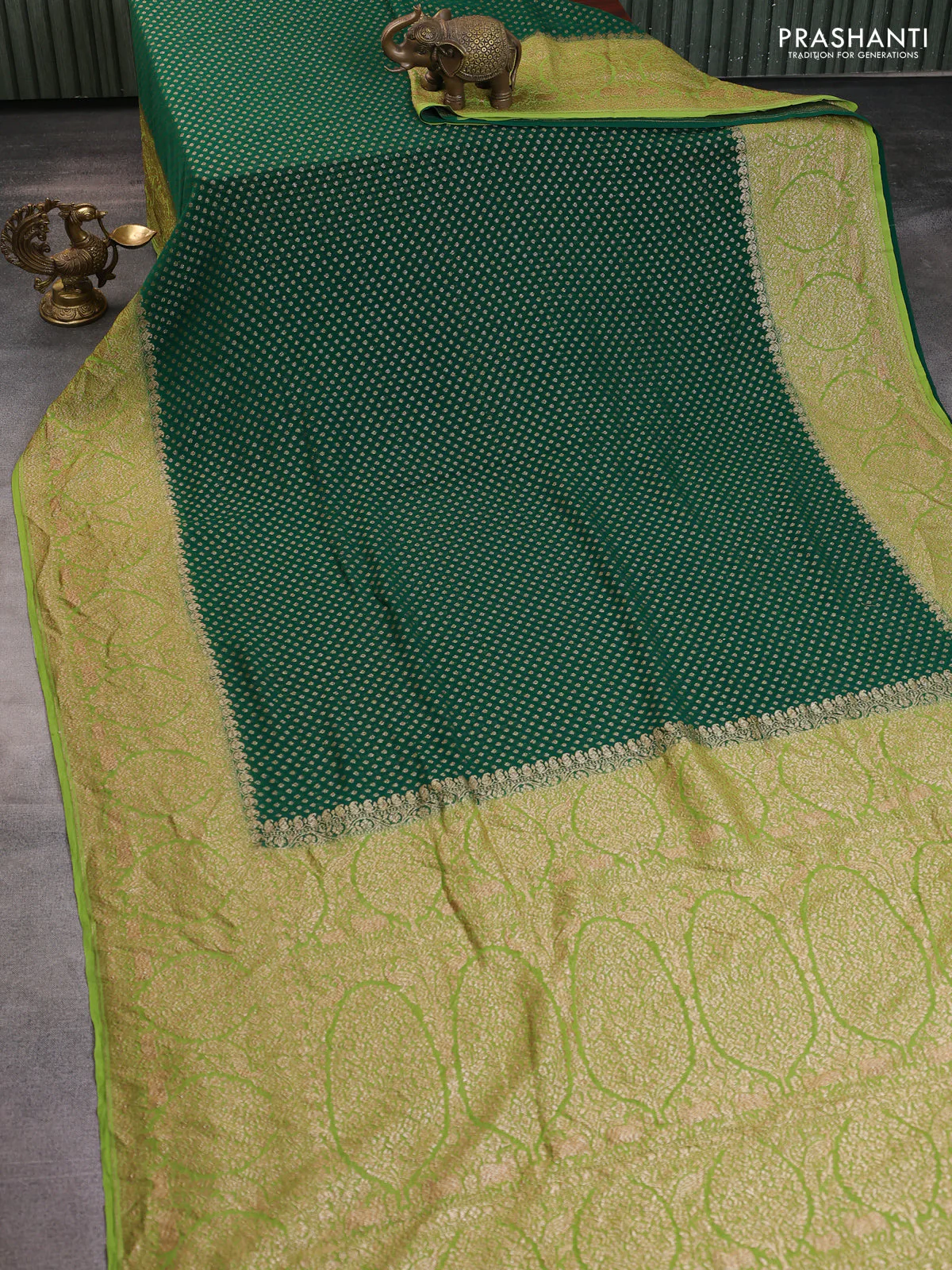 Banarasi georgette saree green and light green with allover thread & zari woven buttas and woven border - Image 2