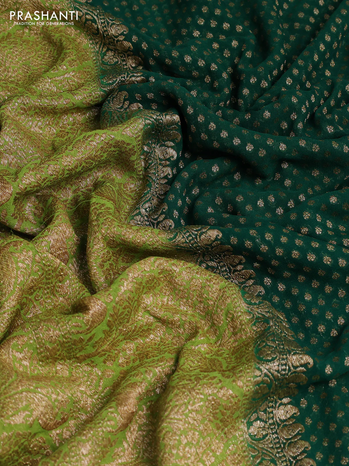Banarasi georgette saree green and light green with allover thread & zari woven buttas and woven border - Image 3