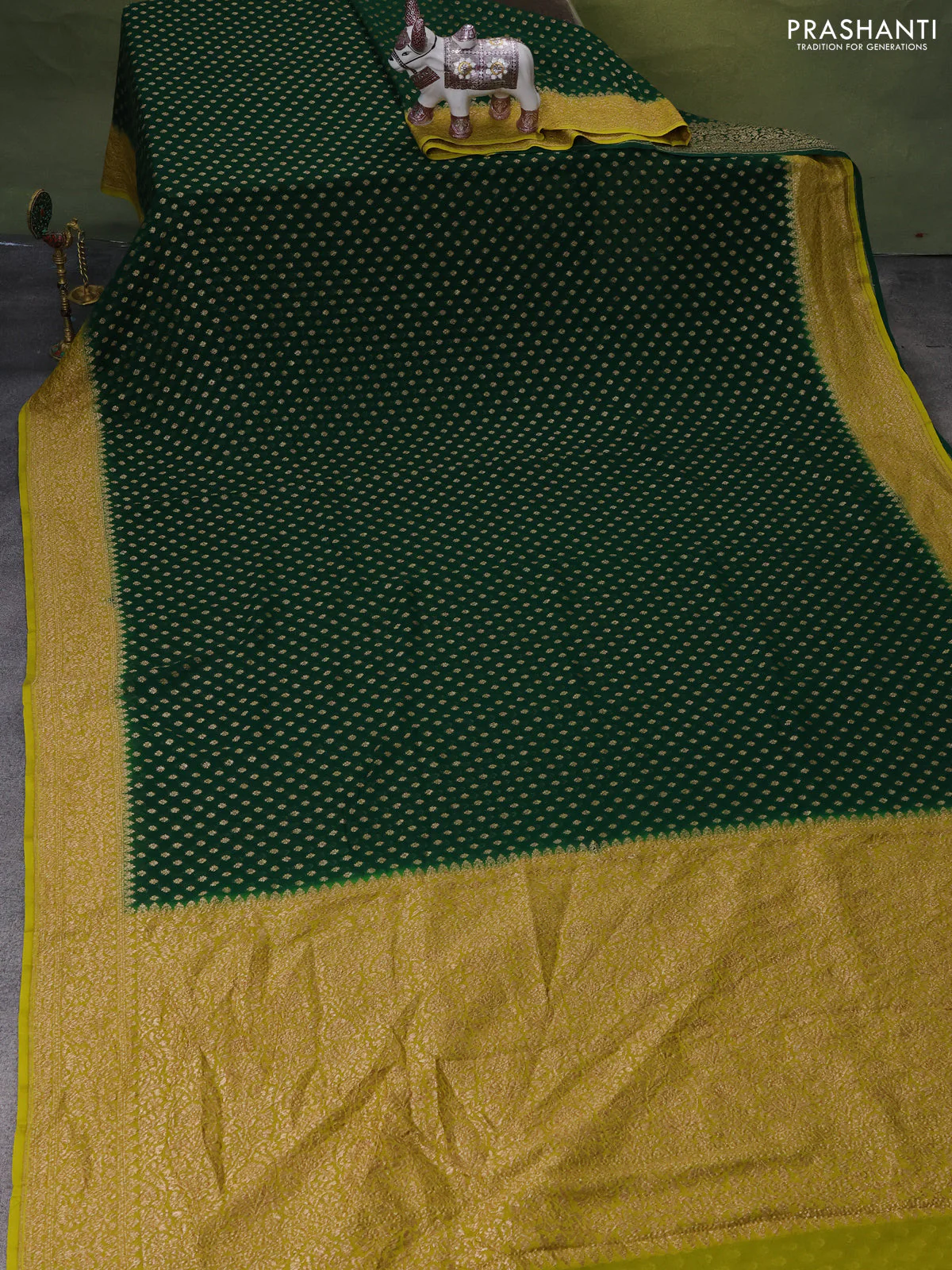 Banarasi georgette saree green and lime green with allover woven buttas and woven border - Image 2