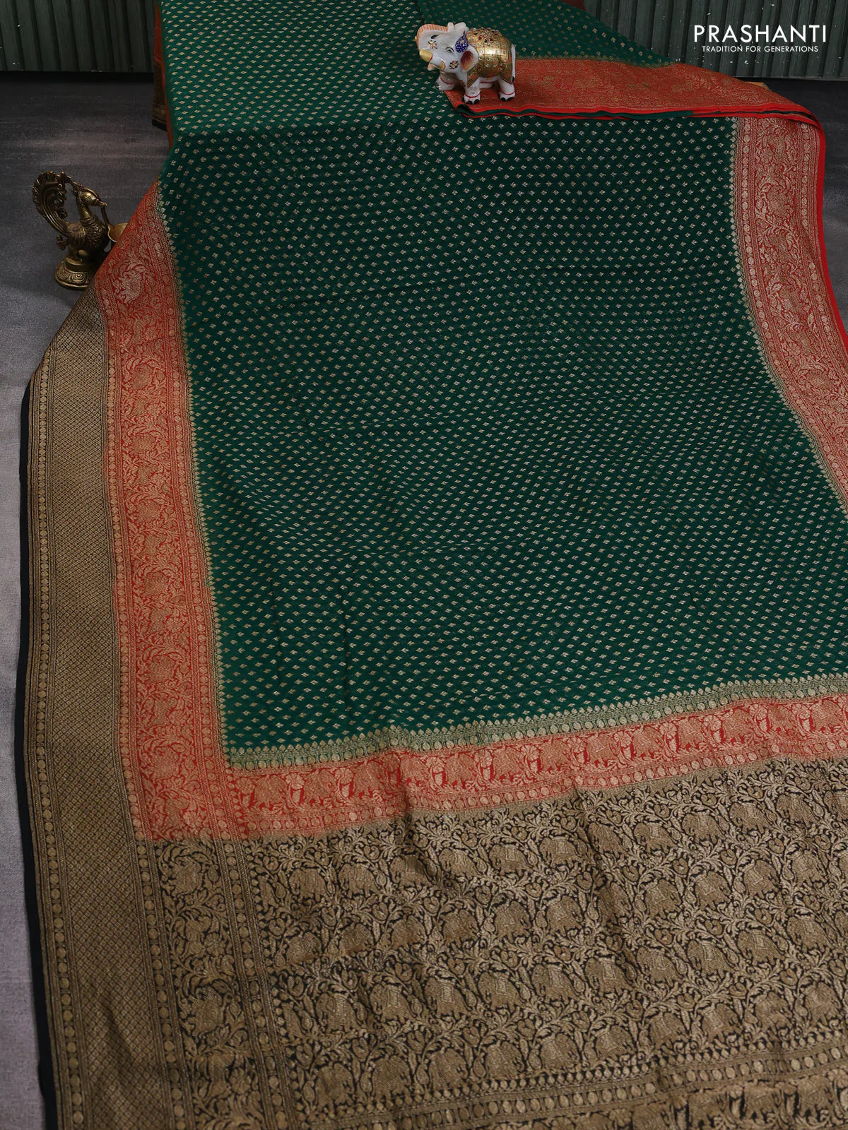 Banarasi georgette saree green and orange black with allover thread & zari woven buttas and long woven border - Image 2