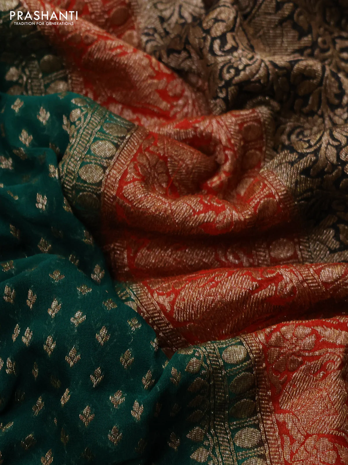 Banarasi georgette saree green and orange black with allover thread & zari woven buttas and long woven border - Image 3