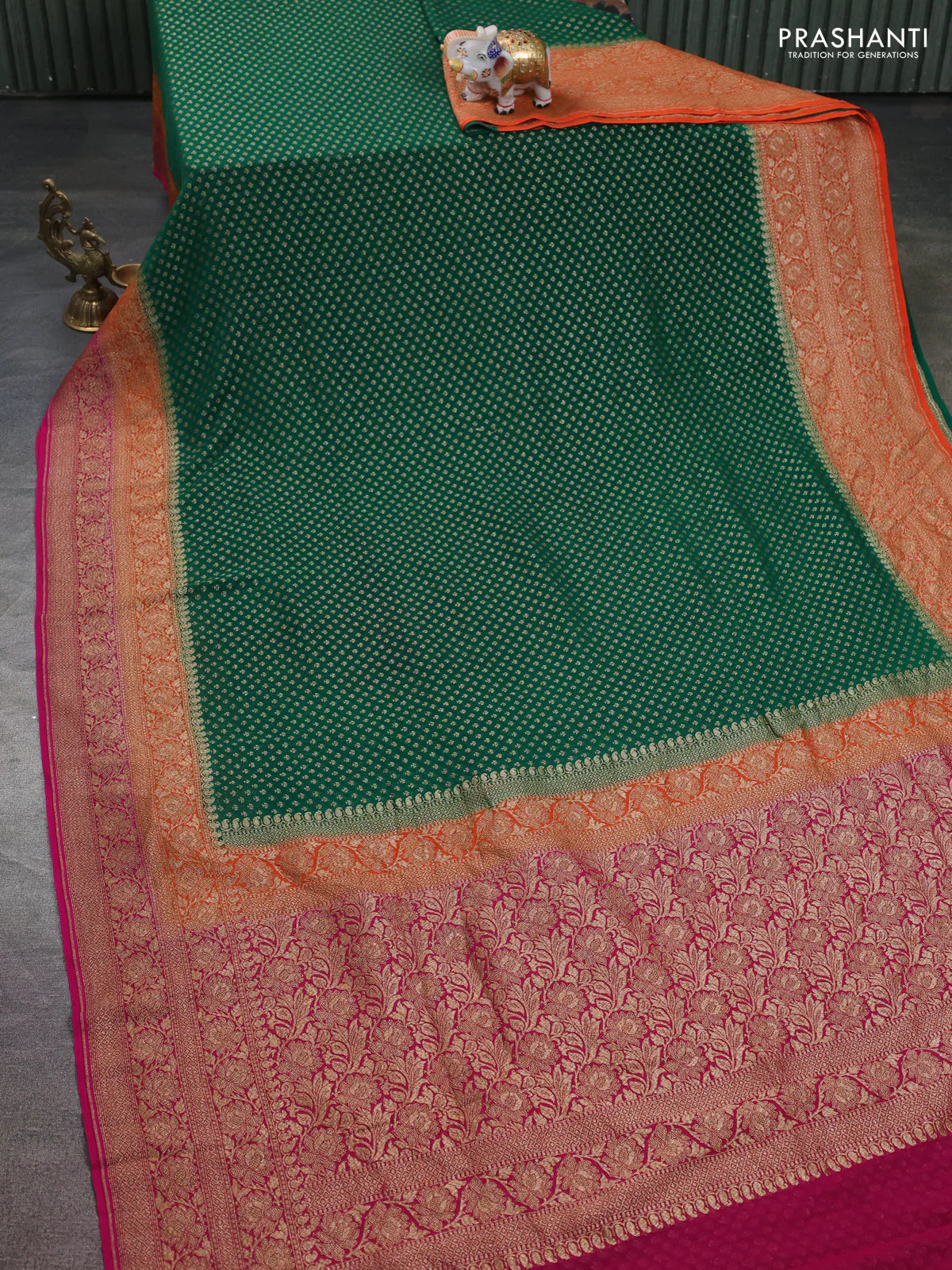Banarasi georgette saree green and orange green with allover thread & zari woven buttas and long woven border - Image 2
